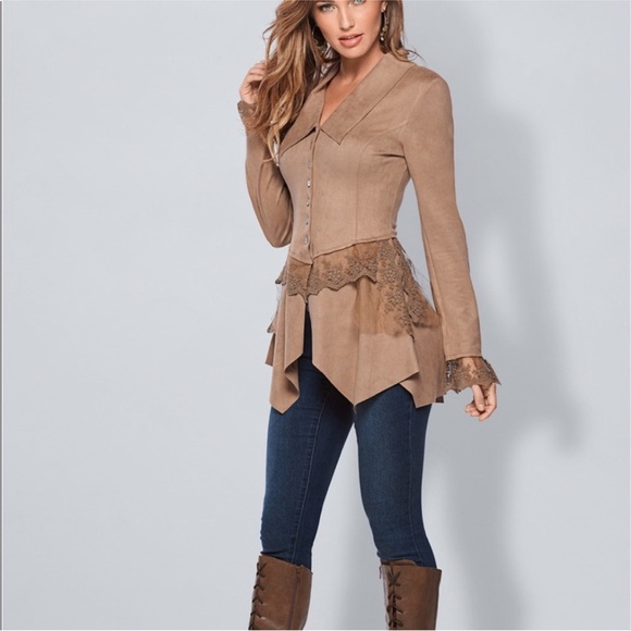 Venus LARGE Tan Faux Suede Boho Steampunk Jacket with Lace Accents - Picture 2 of 12
